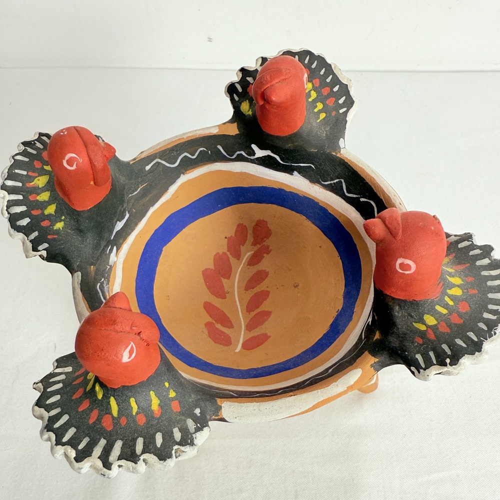 Multicolor Painted Turkey Tripod Copelero Cup Figurine Mexican Pottery - Picture 5 of 12